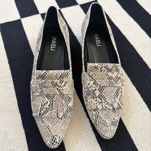 Vaneli Beige and Black Snake-Embossed Fringe Loafers